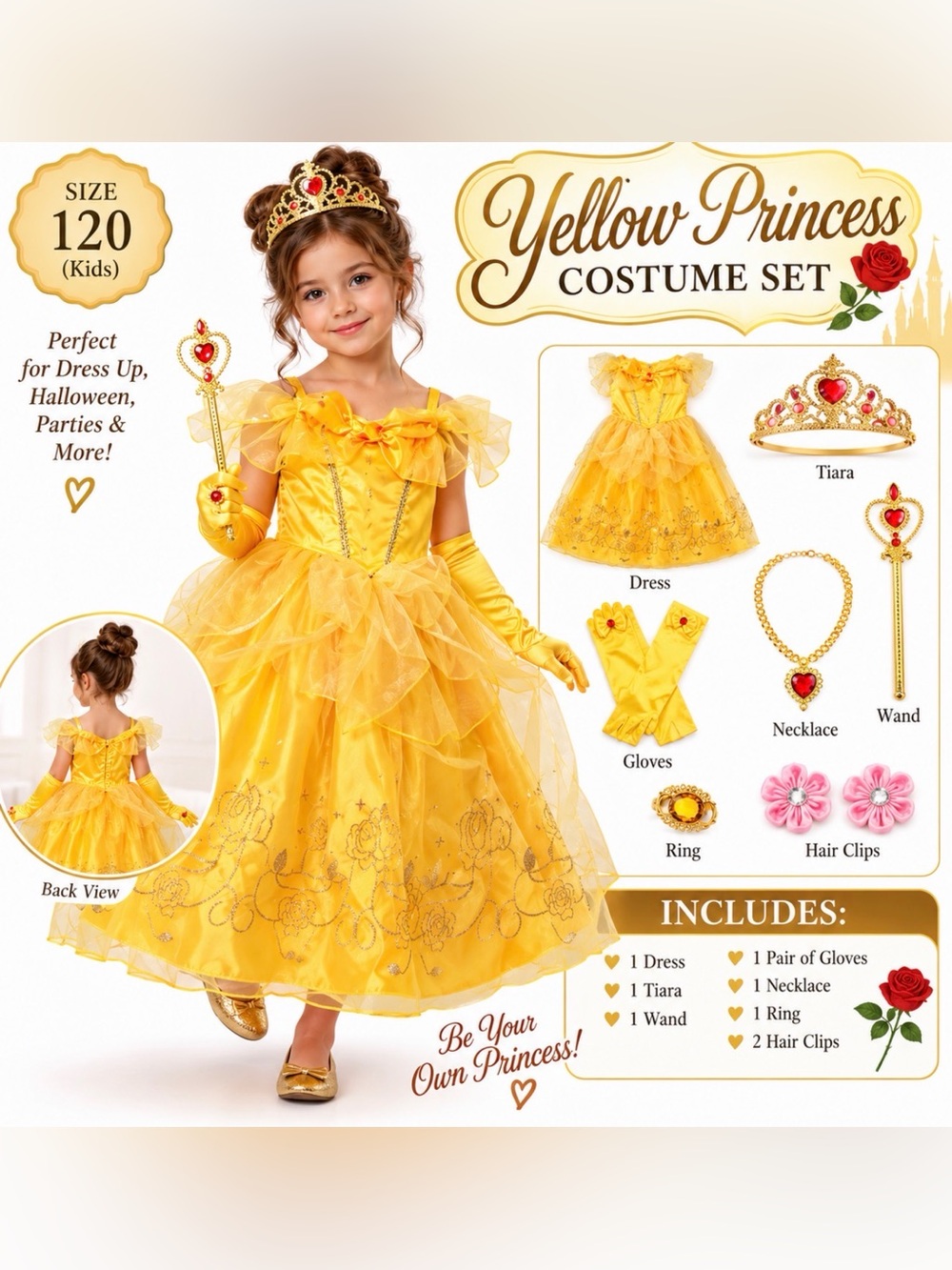 Yellow Princess Halloween Costume Girls Size 5-6 / 120 Dress Tiara Gloves Set